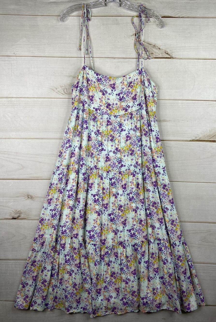Ces Femme Boutique Dress Womens L Blue Purple Floral Tie Shoulder Boho NWT